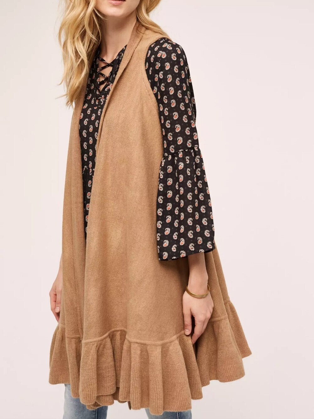 Anthropologie Evelyn K Millau Ruffle Vest Sweater OS camel
